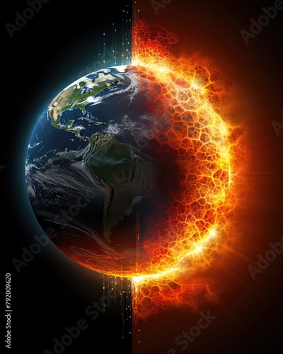 Visualization of Earths warming, glaciers dissolving into water, with an enlarged sun casting intense heat