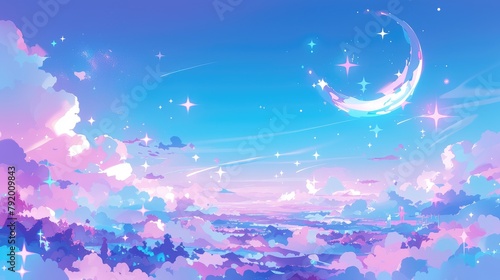 Immerse yourself in a whimsical world of fantasy with a holographic illustration awash in pastel hues featuring a charming cartoon girly backdrop against a vibrant multi colored sky adorned 