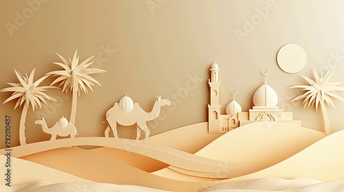 Arabian Night in Desert. Vector illustration. Place for text. Ramadan Kareem landscape, camel caravan, mosque and palms in oasis, Ramadhan creative modern banner poste Eid ul adha, Eid al adha