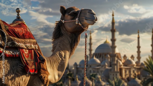 Camel standing on front mosque, Magnificent mosque in the desert with warm sunset light and a camel resting nearby, beautiful orange sky, Eid ul adha, Eid al Adha