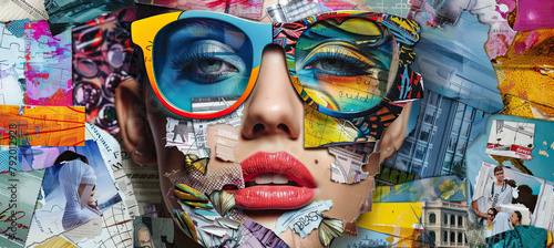 Fashionable image female facial collage many colorful elements trend puzzle