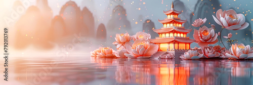 Traditional pagoda surrounded by glowing lotus flowers, perfect for cultural and serene settings. Vesak Day greeting card.