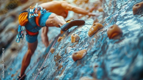 A rock climber scales a wet rock face.