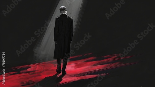 The figure of a lone man dressed in a coat and walking away. View from the back of the unidentified man. Politician, businessman or entrepreneur going somewhere. Digital art in an artistic style.