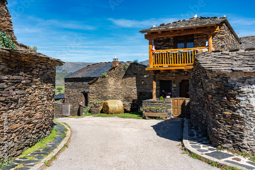 Picturesque streets with stone houses on the route of black villages Guadaljara, Majaelrayo.