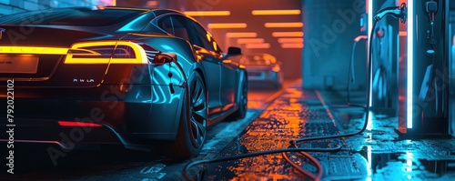 An electric car gets powered up at a charging station at night, surrounded by futuristic neon lights.