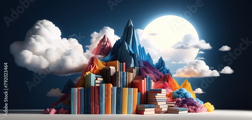 Standing and open books and literature that promote creativity, inspiration and fantasy in front of a creative and colorful conceptual landscape