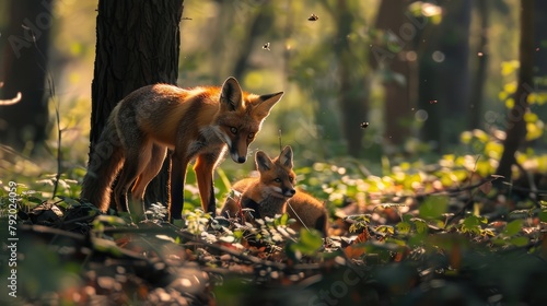 A family of adorable red foxes playing together in a sun-dappled forest glade, their bushy tails wagging with excitement as they chase each other through the underbrush