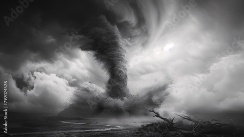 Paisaje en blanco y negro de un tornado 