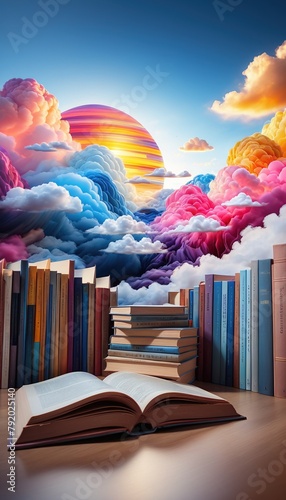 Standing and open books and literature that promote creativity, inspiration and fantasy in front of a creative and colorful conceptual landscape