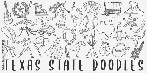 Texas Doodle Icons Black and White Line Art. Texan Clipart Hand Drawn Symbol Design.