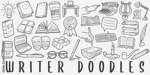 Writer Doodle Icons Black and White Line Art. Literature Clipart Hand Drawn Symbol Design.