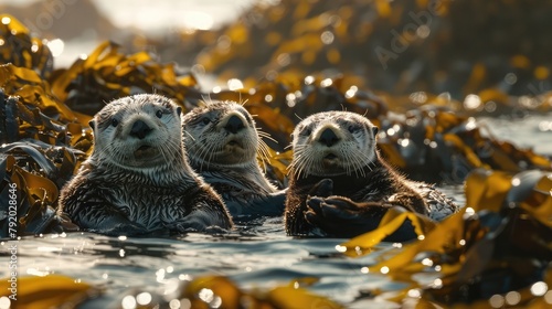 A family of playful sea otters floating on their backs in the gentle currents of a coastal kelp forest, their furry bodies bobbing amidst the swaying fronds