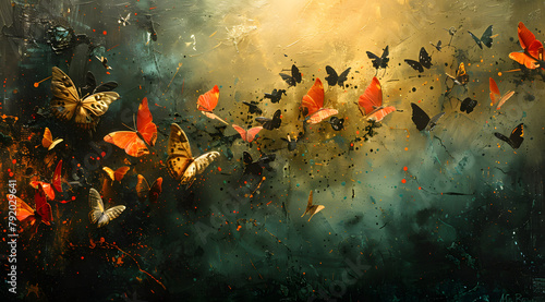 Mechanical Mayhem: Oil Painting Depicting Swarms of Butterflies in a Garden Battle
