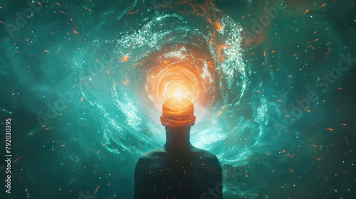 A man standing in front of a swirling vortex of bright light, creating a mesmerizing and mysterious scene