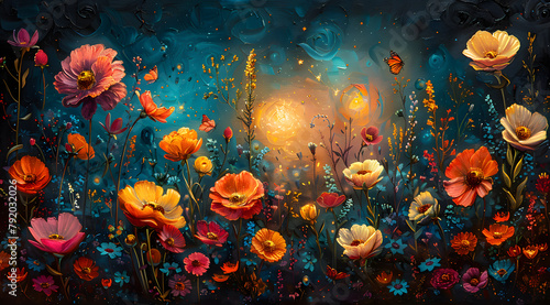 Glowing Dreamscape: Oil Painting Bringing to Life the Magical Evolution of Flowers in an Enchanted Garden