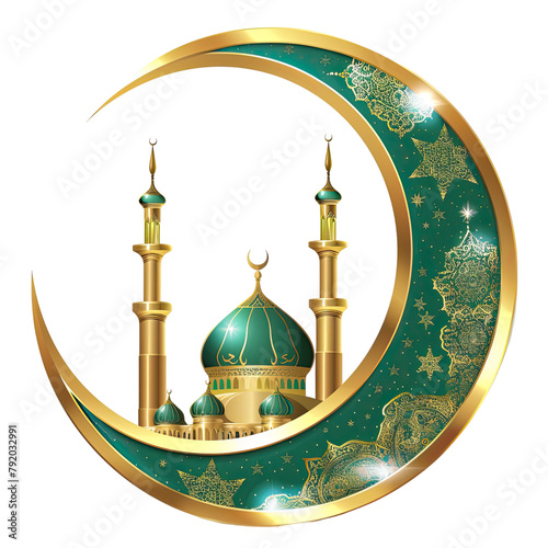 Copy space of a golden 3D crescent moon isolated on transparent, alpha, background, Eid ul adha, Eid al adha