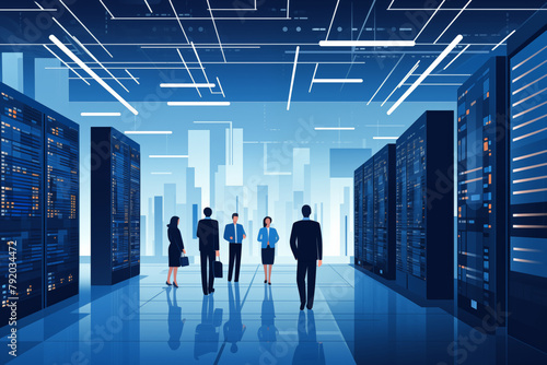 Business graphic vector modern style illustration of business people in a data farm centre rack nas raid cloud computing files and sensitive remote work contract to share between colleagues