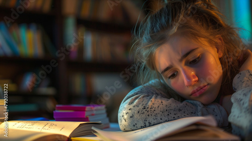 In a quiet study corner, a teenage student looks overwhelmed as she rests her head on her hand, textbooks and papers spread out before her, capturing the emotional strain of intens