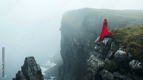 Mulher de vestido vermelho à beira de um precipício numa escarpa sobre o mar 