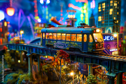 A model train with a blue trolley car is on a track. The train is on a bridge over a river