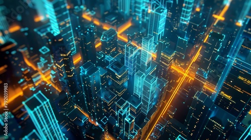 Glowing Network Illuminated Skyscrapers and Digital Connectivity in a Modern Financial District