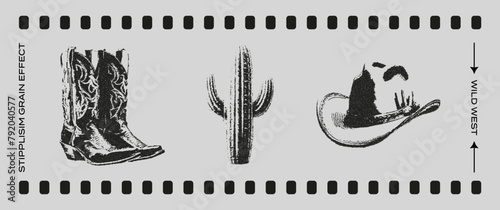 Cowboy hat, boots, a cactus with a grain effect. Fashionable retro aesthetics of the 90s-2000s. Photocopy grain effect.Vector.