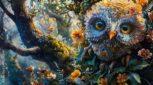 A brightly colored owl with big eyes sits on a branch in the forest. The owl is surrounded by flowers and plants of all different colors. The image is very detailed and has a lot of vibrant colors.