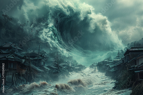 The clash between a tsunami and a coastal village, symbolizing the collision of powerful ocean waves and seaside communities. Concept of natural disasters in coastal regions. Generative Ai.