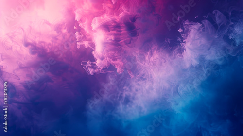 The atmosphere is filled with billowing cumulus clouds, creating a dramatic scene in the dusk sky. Shades of purple, violet, and pink mix with smoke, resembling a painting.
