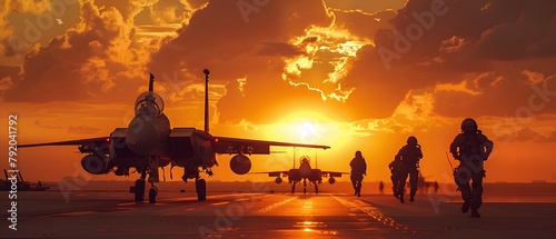 Fighter Jet Squadron on Runway at Dramatic Sunset - Generative AI