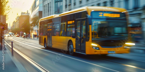 A yellow bus is driving down a street. The bus is yellow and has a sign on the front that says "1". The bus is surrounded by other vehicles, including cars and trucks. The scene is bustling and busy