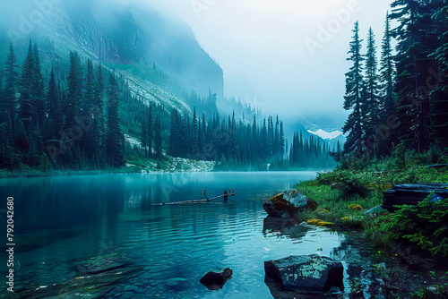 A beautiful lake surrounded by trees and mountains. The water is calm and clear, and the sky is cloudy
