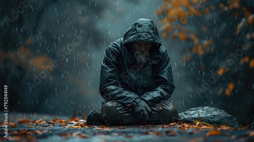 Hooded man sitting in the rain and looking at the falling leaves