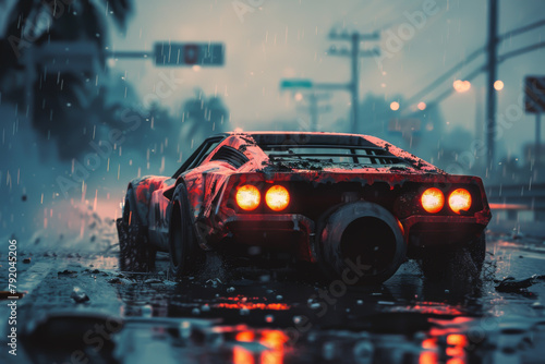 A red car is driving down a wet street. The car is covered in mud and he is in a state of disrepair. The scene is dark and moody, with the rain adding to the overall atmosphere