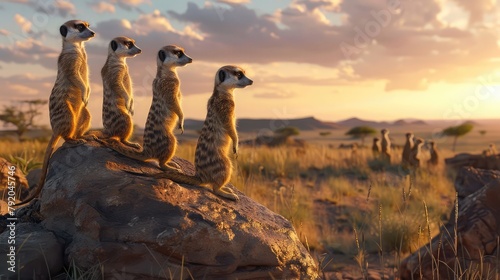 A group of curious meerkats standing sentinel on their hind legs, their tiny paws raised in alarm as they scan the horizon for signs of danger, 