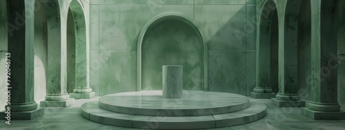 Elegant minimalist marble stage with classical Roman architecture in green tones