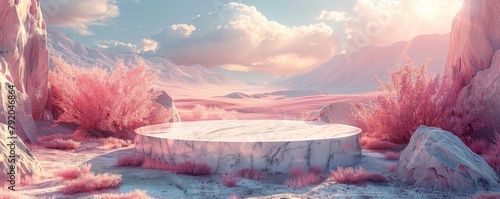 Surreal infrared landscape with marble stage and pink foliage under a vibrant sky