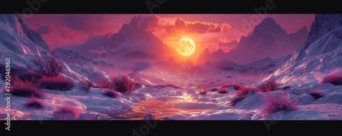 Surreal twilight panorama in a frosty alien landscape with radiant sunset