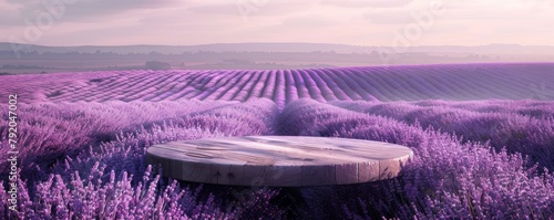 Serenity in lavender: Wooden Platform Overlooking Vast Lavender Fields at Sunset