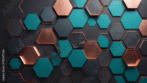 Vibrant hexagon composition in teal, copper, and charcoal for a striking presentation.