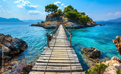 Photo of a wooden bridge leading to an island in the Greek sea, with clear blue water and a sunny day