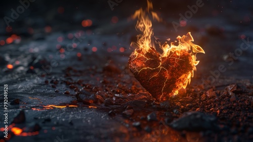 Burning heart in a molten landscape - A heart-shaped stone on fire amidst a molten landscape, representing love's durability in adversities