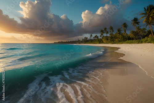 A stunningly realistic beach scene in 4K Ultra HD, with crystal clear turquoise waters, golden sands, and lush palm trees swaying in a gentle breeze, sunset over the ocean