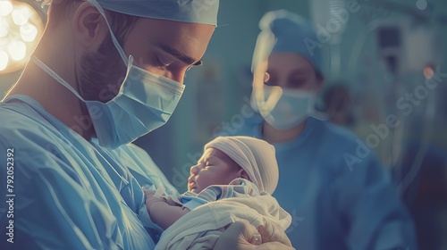 Intimate Moment Doctor or Male Midwife Holds Newborn Baby in Hospital, Symbolizing Childbirth and Healthcare Dedication in Shallow Field of View 