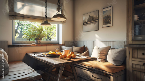 A charming breakfast nook tucked into a corner of the kitchen, featuring a built-in bench with plush cushions, a rustic wooden table, and a pendant light overhead, perfect for enjoying morning meals.