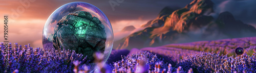 An item made from ancient stones radiating green energy, encapsulated in a giant bubble, floating over a vibrant field of lavender