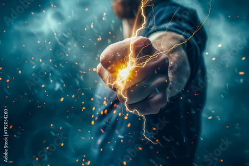 A man is punching a fist in the air with sparks flying out of his hand. Concept of power and energy, as if the man is channeling some sort of supernatural force