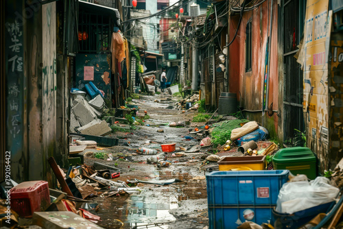 A dirty alleyway with trash and debris scattered throughout. Scene is one of neglect and disarray