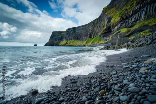 A rocky beach with a large body of water in the background. The water is choppy and the rocks are scattered across the beach. The sky is cloudy, giving the scene a moody and dramatic feel
